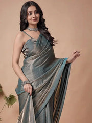 Gray Metallic Tissue Saree – close-up drape showing gold-grey shimmer
