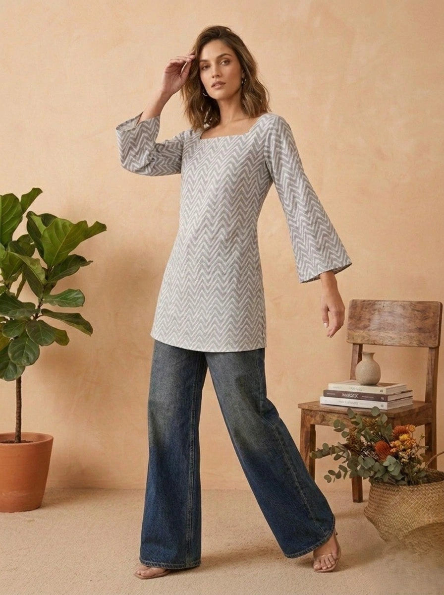 Stylish gray kurti with digitally rendered floral design for casual wear