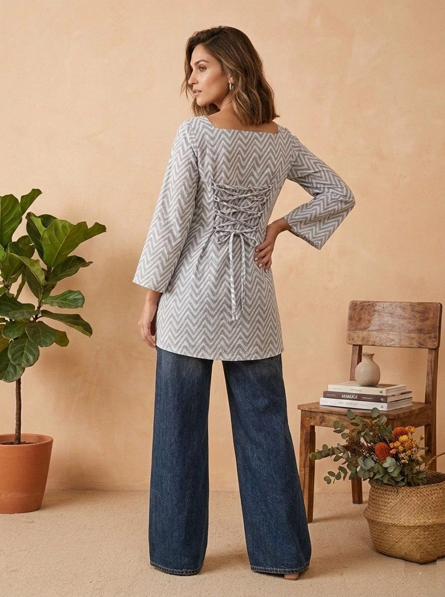 Elegant gray kurti with vibrant floral motifs and tailored fit