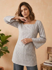 Gray cotton short kurti with digital floral print and round neckline