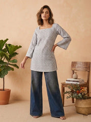 Gray cotton kurti with colorful digital floral motifs