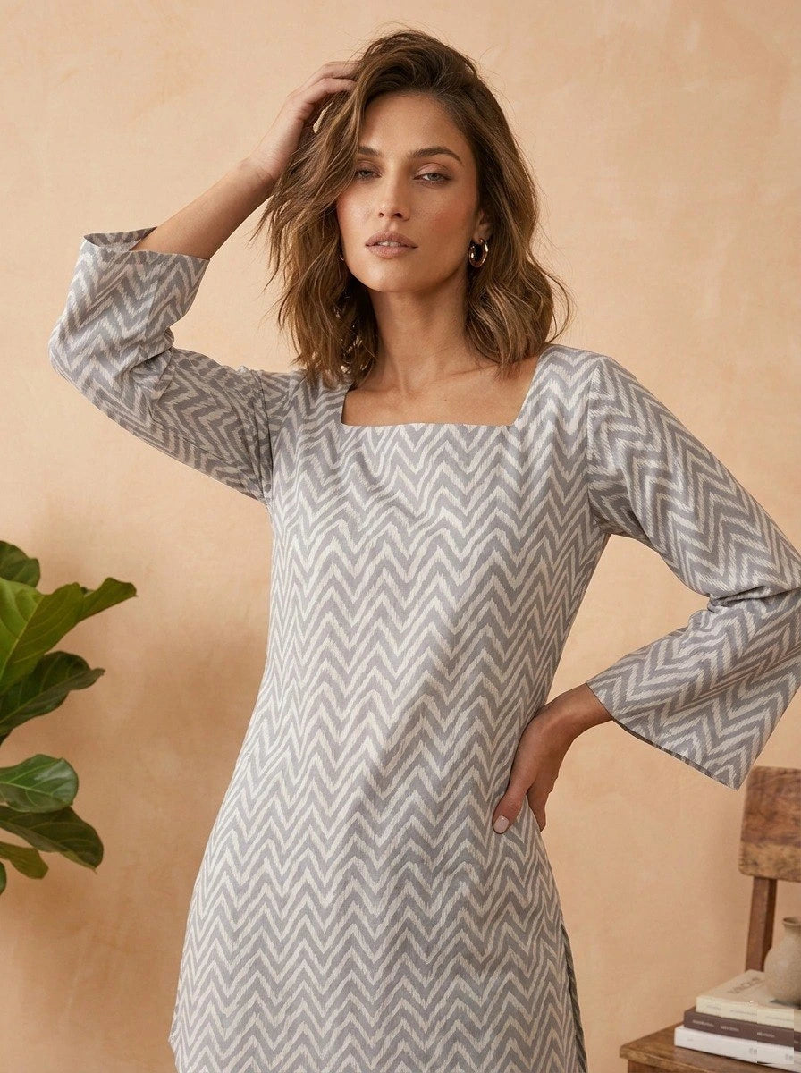 Lightweight short kurti in gray with digitally printed flowers