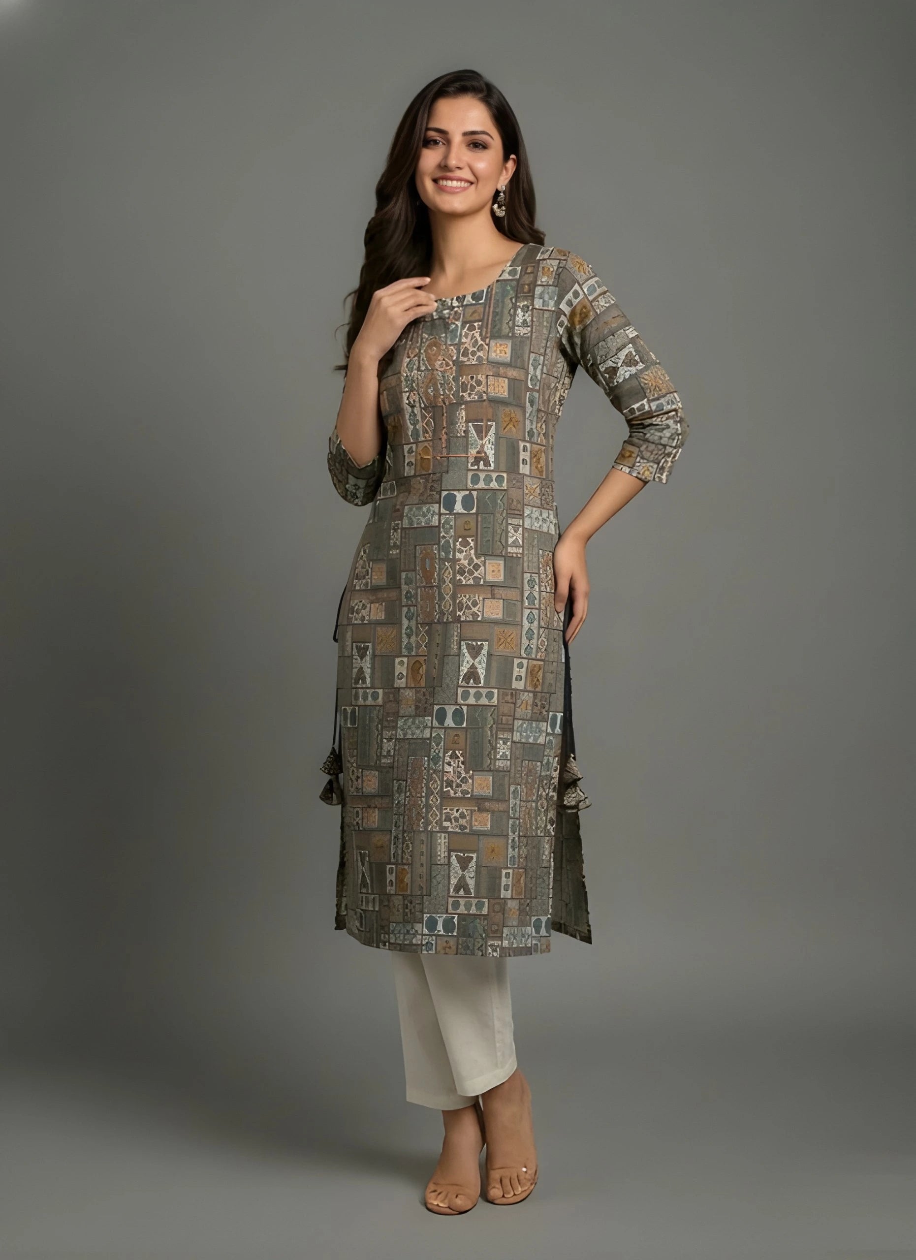 Woman wearing a patterned kurta with white pants against a gray background
