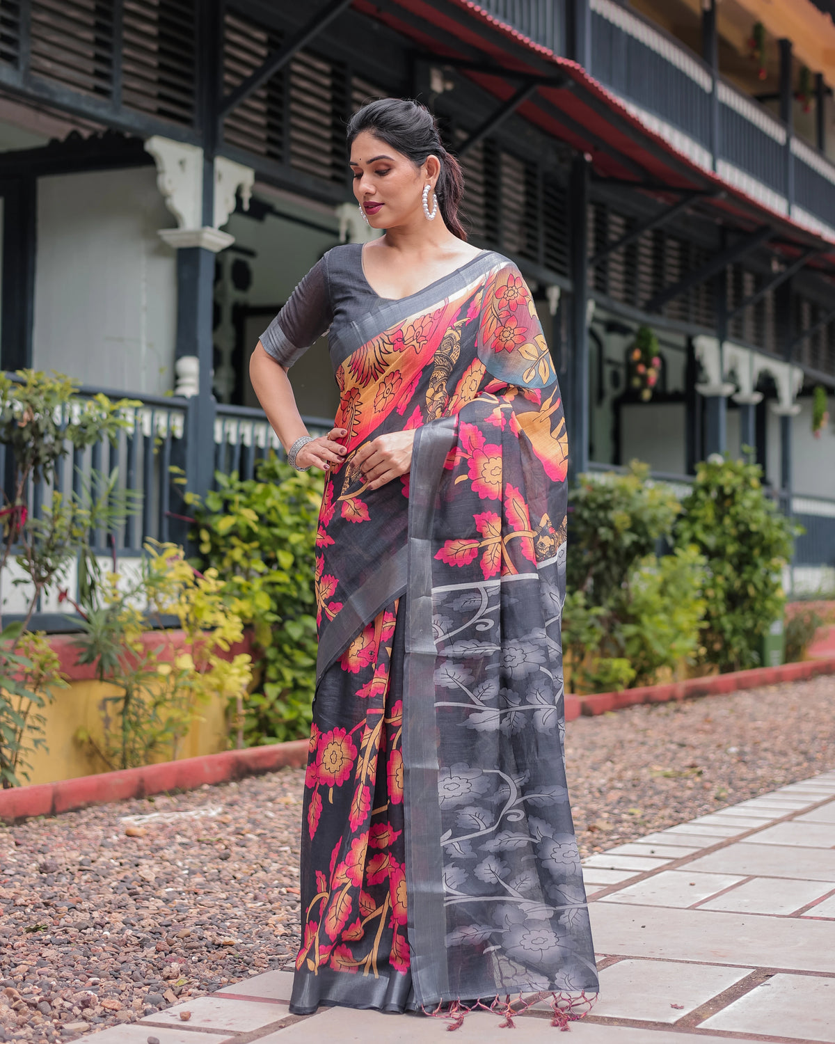 Zara Vibrant Floral Print Linen Cotton Saree
