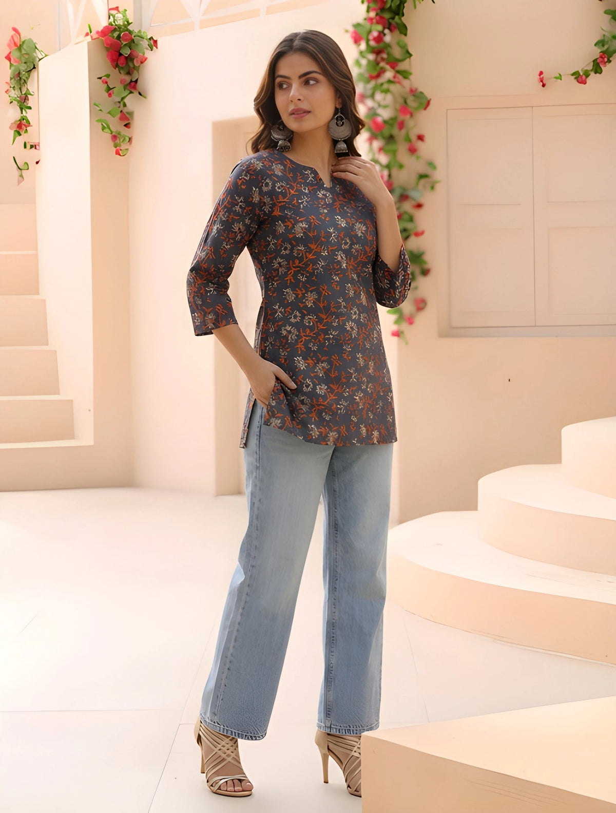 Woman wearing a floral top and jeans in an elegant indoor setting with decorative elements.