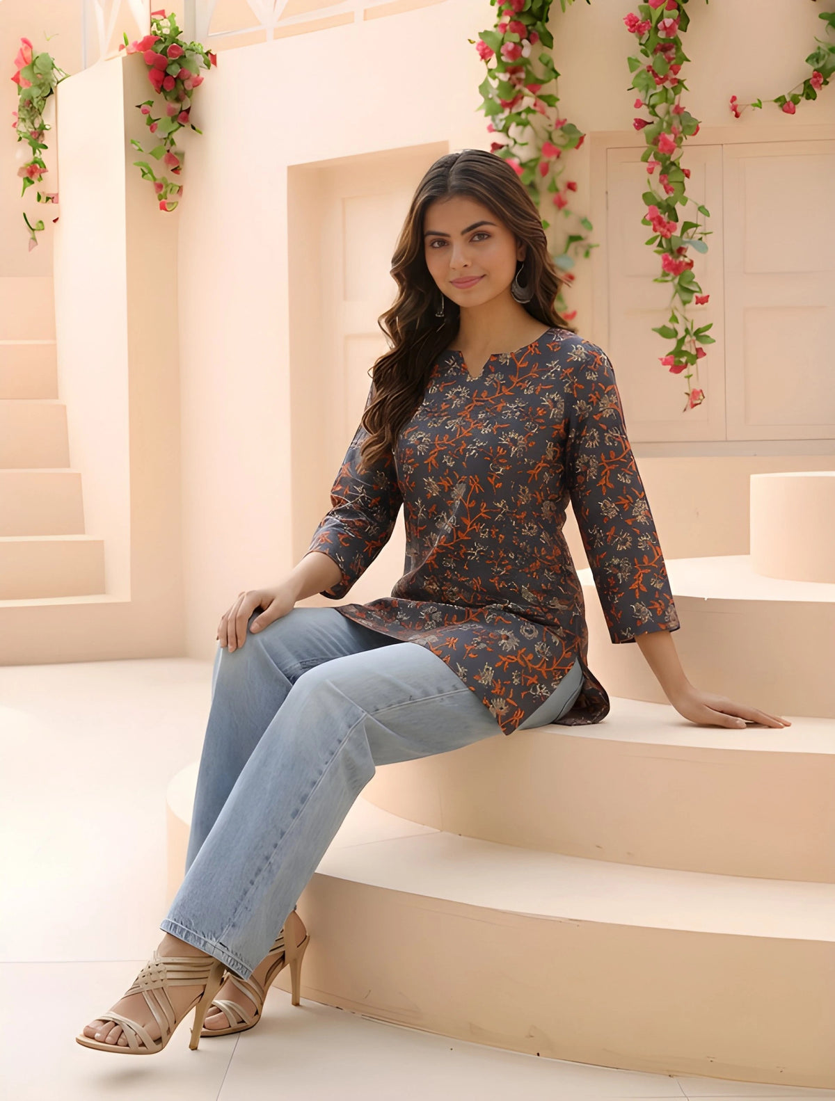Woman sitting on a staircase wearing a floral top and jeans, with decorative flowers in the background.