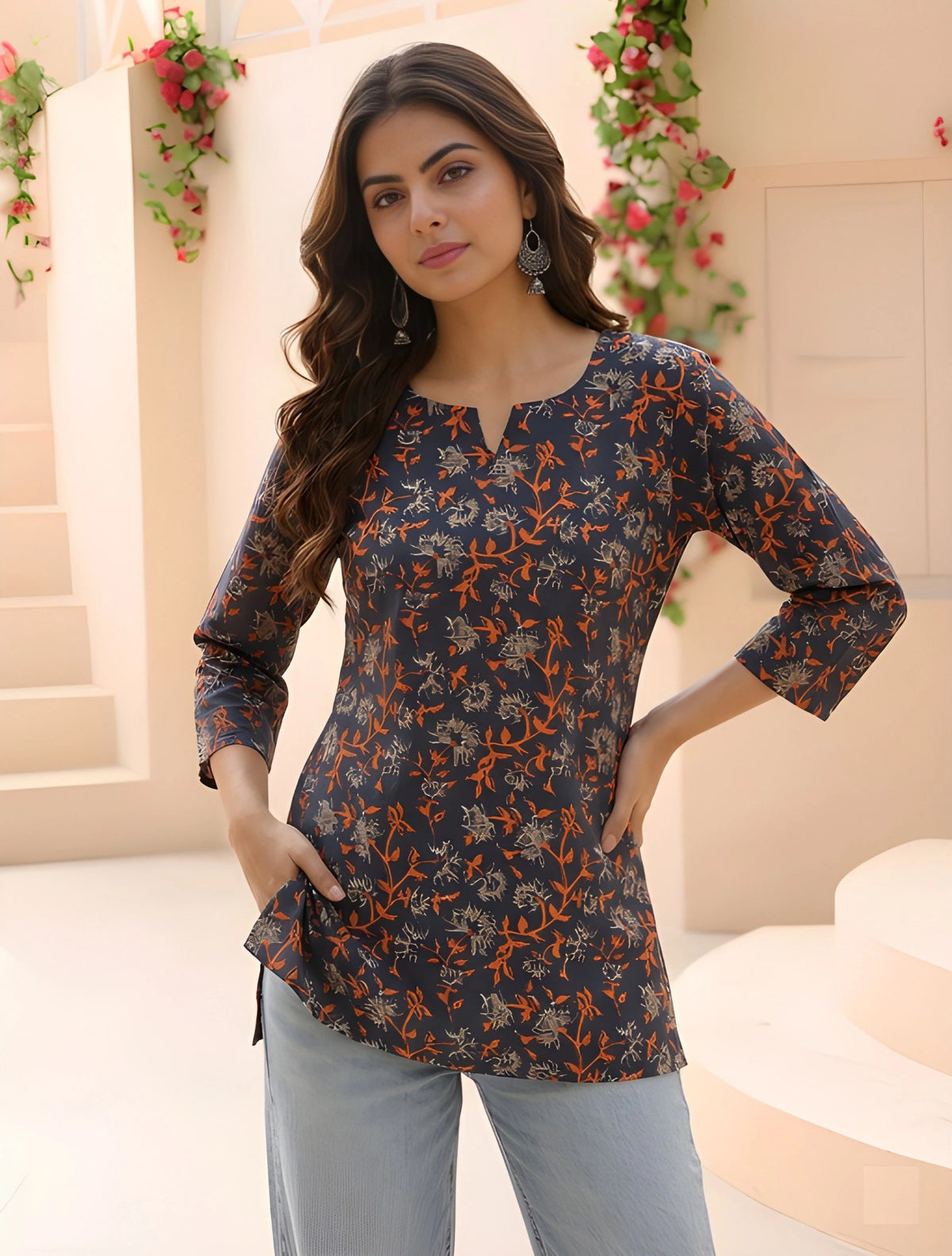 Woman wearing a floral patterned top with a neutral background