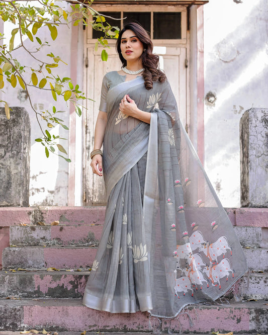 Woman in a gray saree with white patterns standing on steps outdoors.