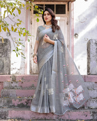 Gray Printed Soft Linen Cotton Saree – Kalyanja
