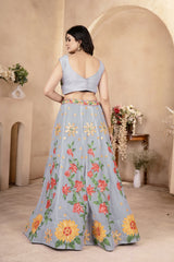 Gray Sequins Thread Embroidered Faux Georgette Lehenga Back Side