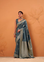 Woman wearing a blue saree with a gold border against an orange background