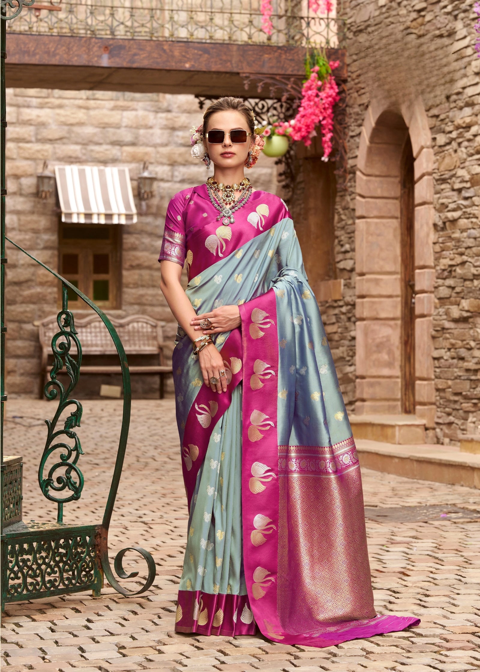 Gray Zari Work Soft Satin Silk Saree