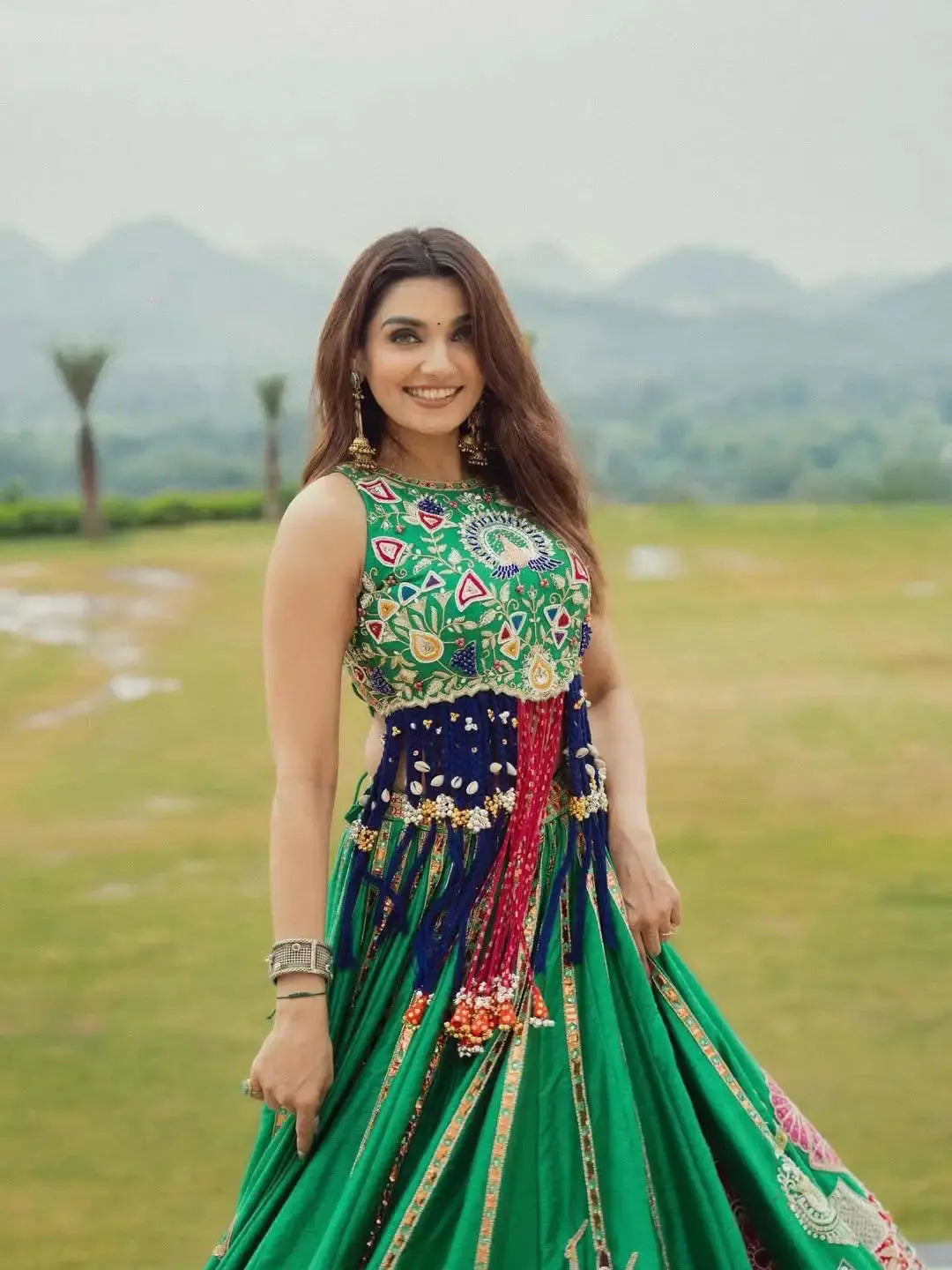 Green Digital Print Lehenga with peacock embroidery choli, front view