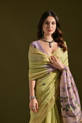 Green Resham Weaving Saree lavender blouse and pallu closeup