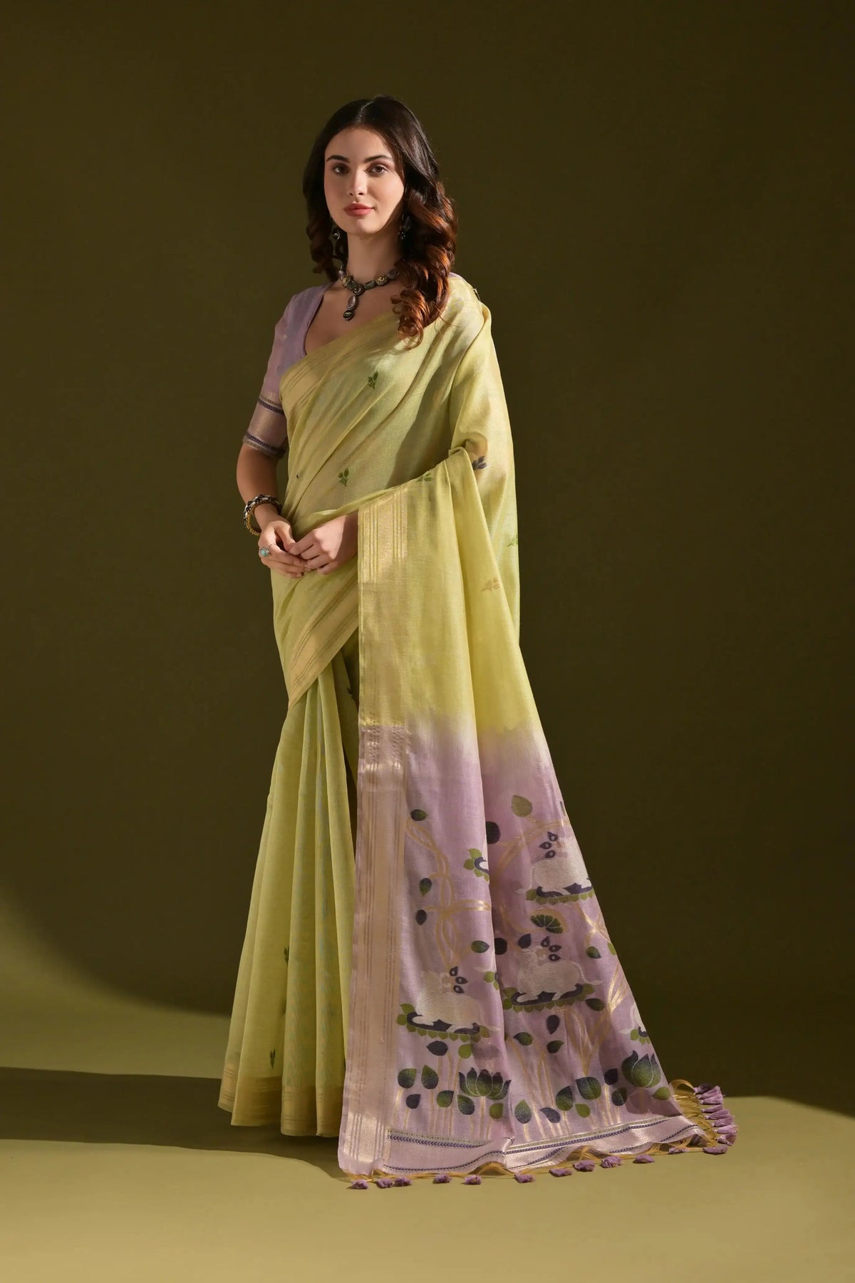 Green Resham Weaving Saree with lavender-pink contrast pallu front drape view