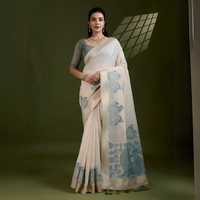 Beige & Sea Green Kalamkari Peacock Weaving Soft Muga Cotton Saree