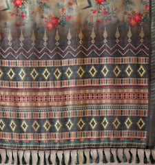 Textile with geometric pattern and fringes on a floral background