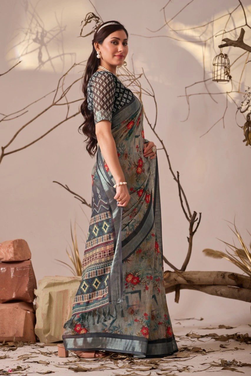 Woman in a traditional saree with a decorative background