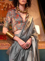 Grey Jacquard Work Moss Chiffon Saree - kalyanja