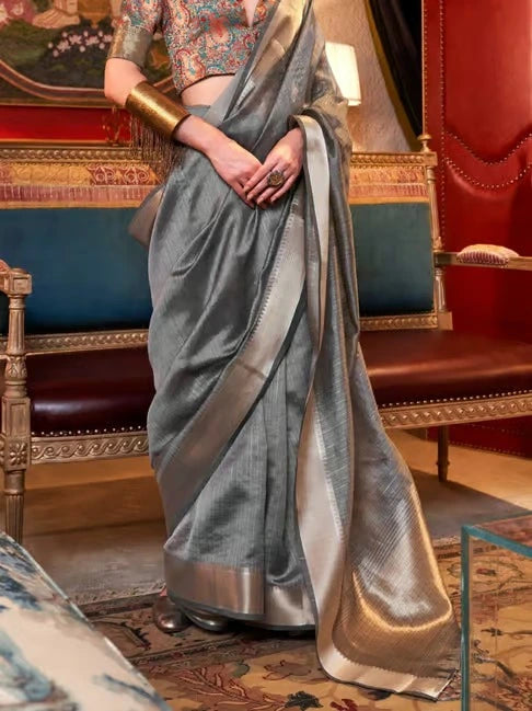 Grey Jacquard Work Moss Chiffon Saree - kalyanja