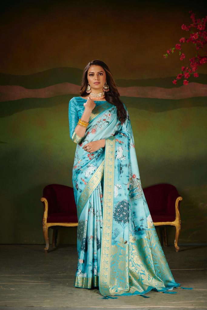 Powder Blue Dola Silk Jacquard Work Saree