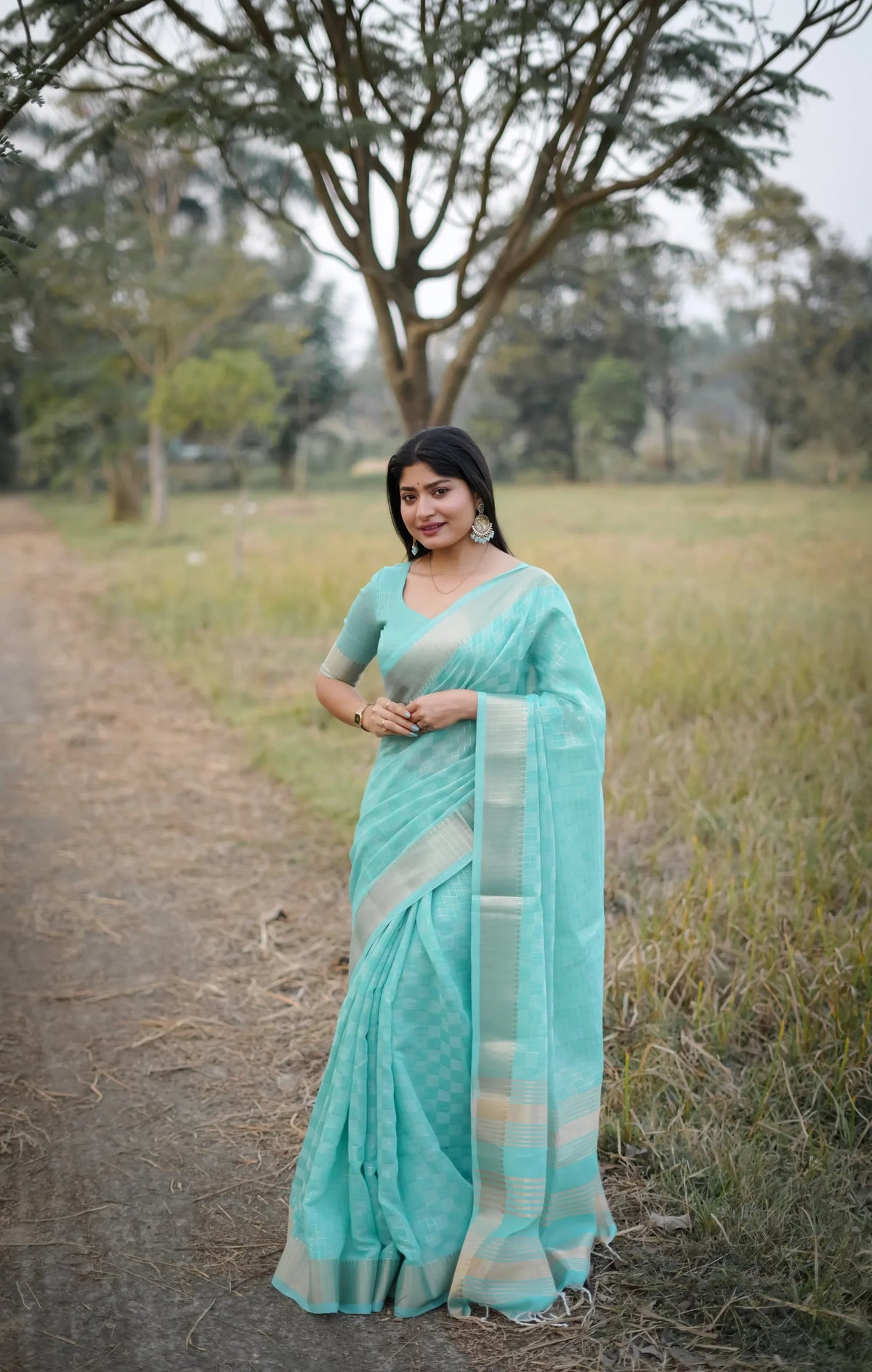 Powder Blue Zari Work Soft Kalyani Silk Saree