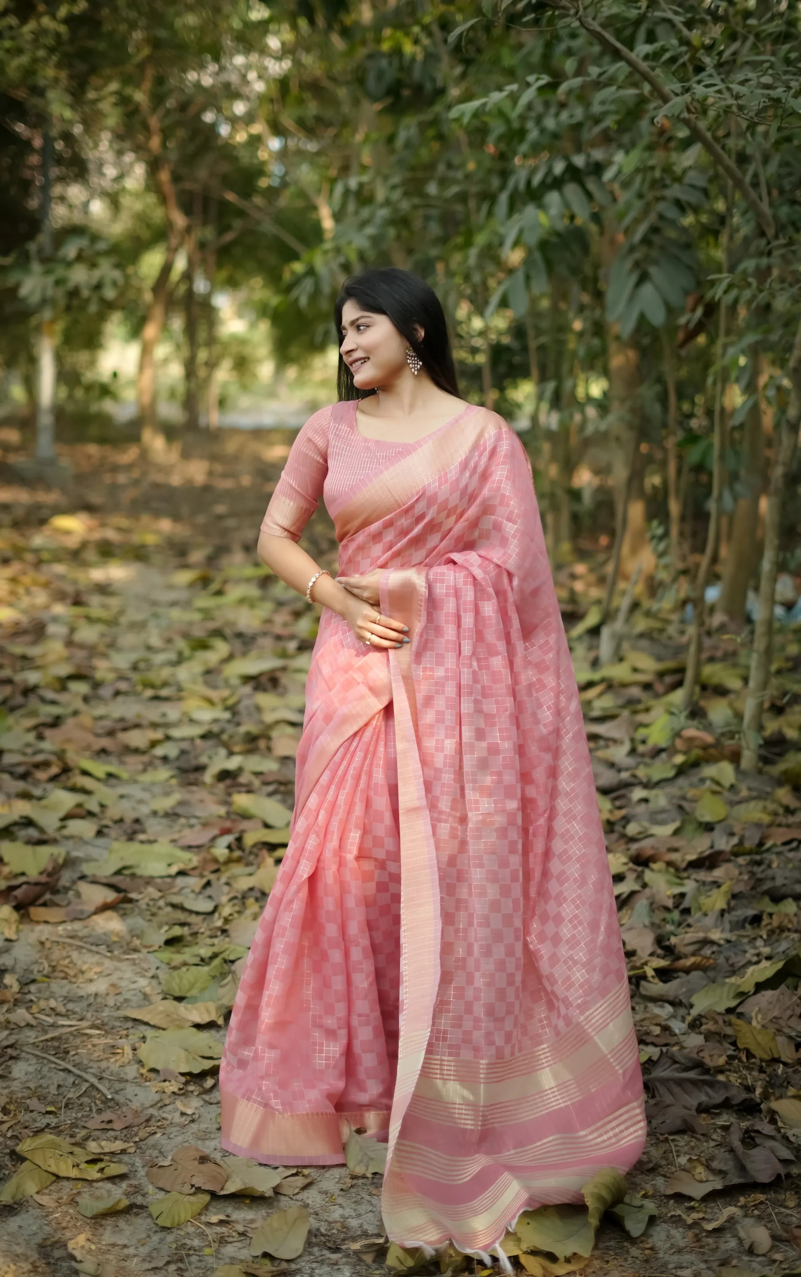 Light Pink Gala Border Pattern Raw Silk Saree