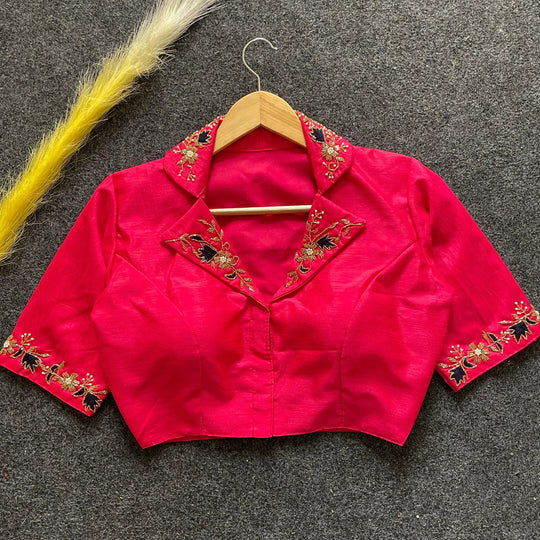 Dark Pink Embroidery Work Banglori Silk Blouse for Women – Kalyanja
