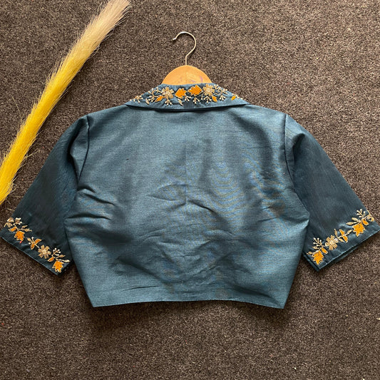 Dark Turquoise Embroidery Work Banglori Silk Blouse