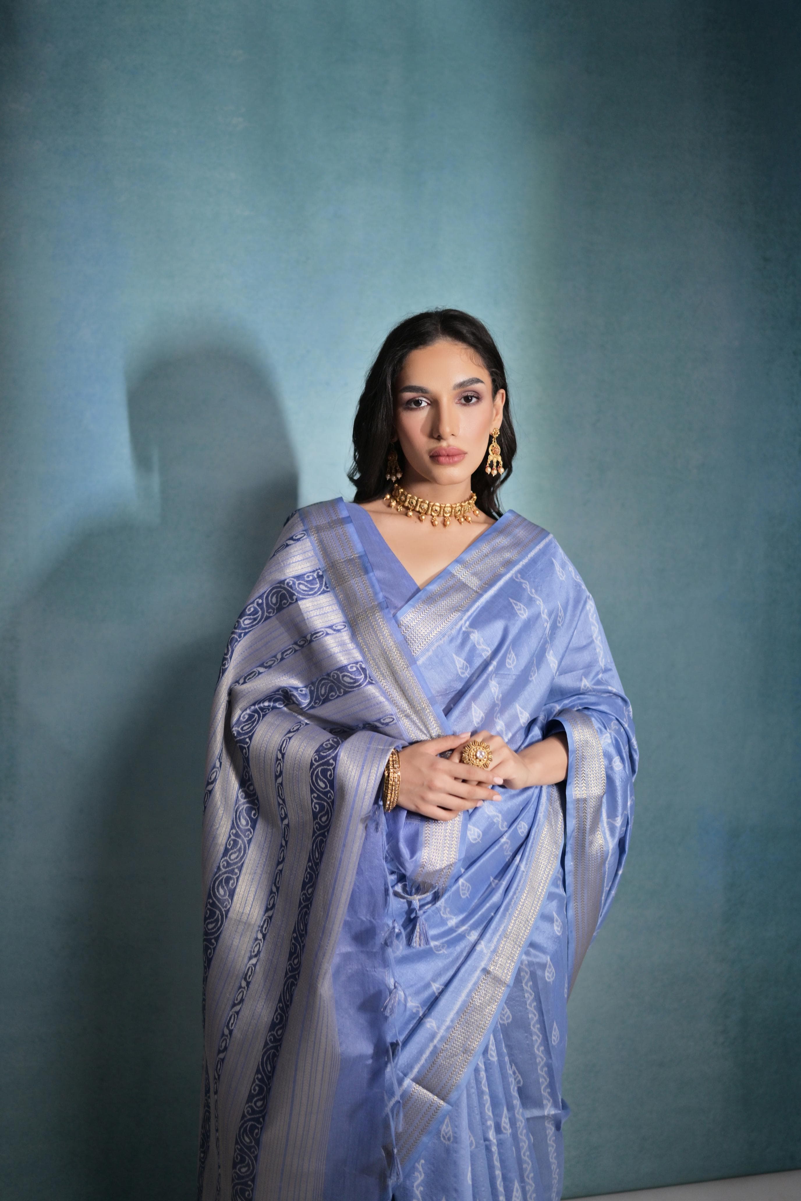Dusky Blue Ikkat Or Zari Weaving Soft Khadi Raw Silk Saree