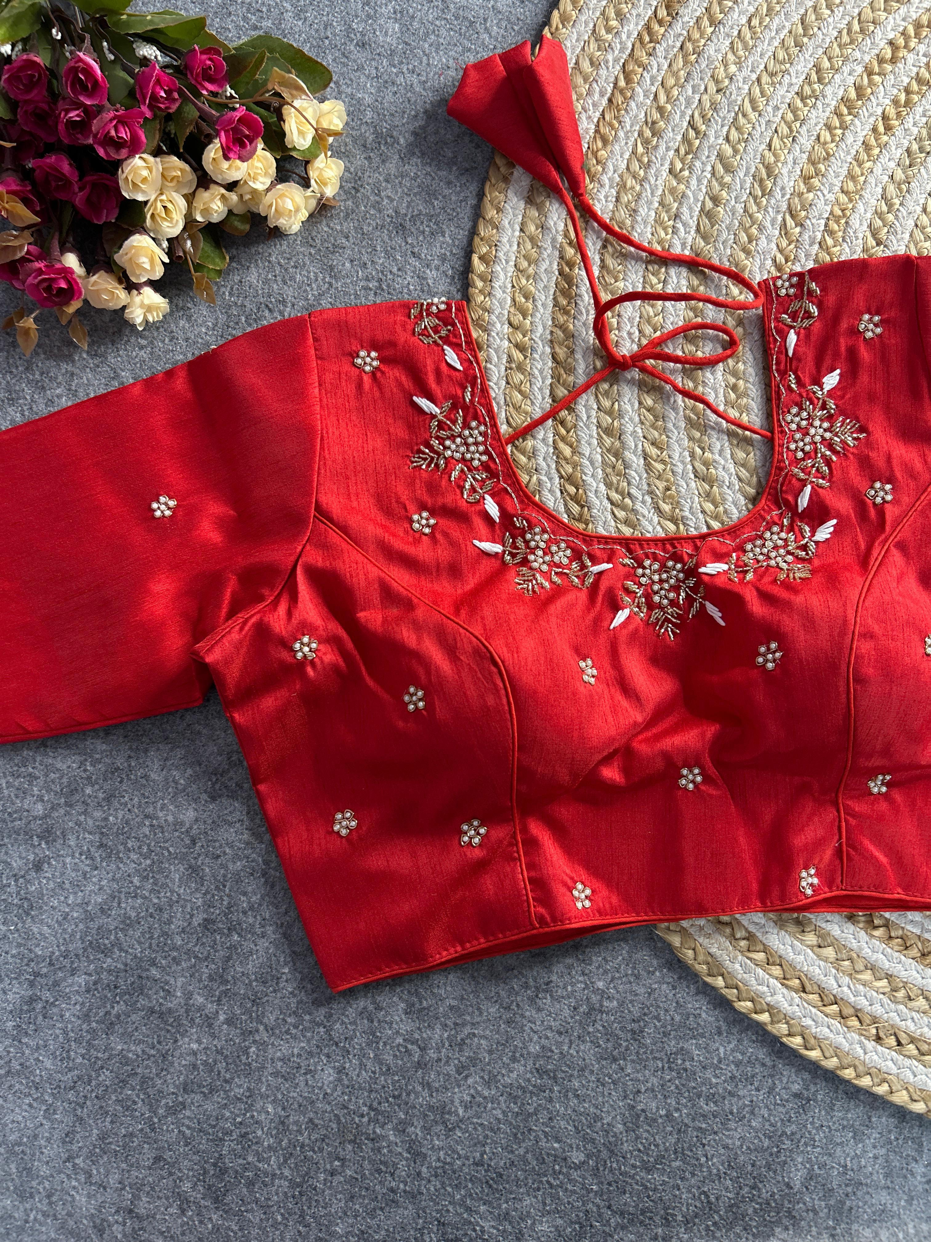 Red Floral Embroidery Banglori Silk Blouse