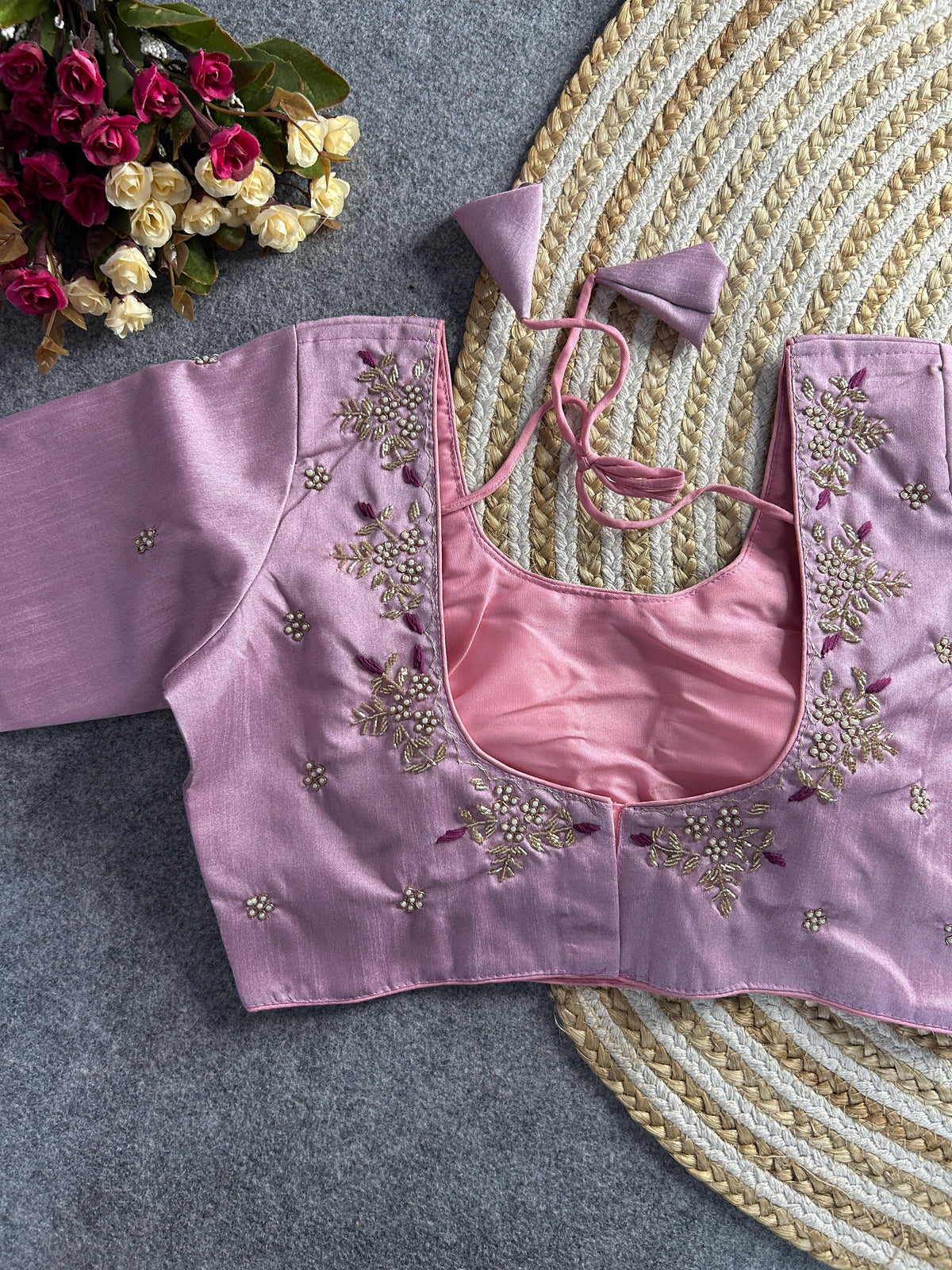 Lavender Floral Embroidery Banglori Silk Blouse