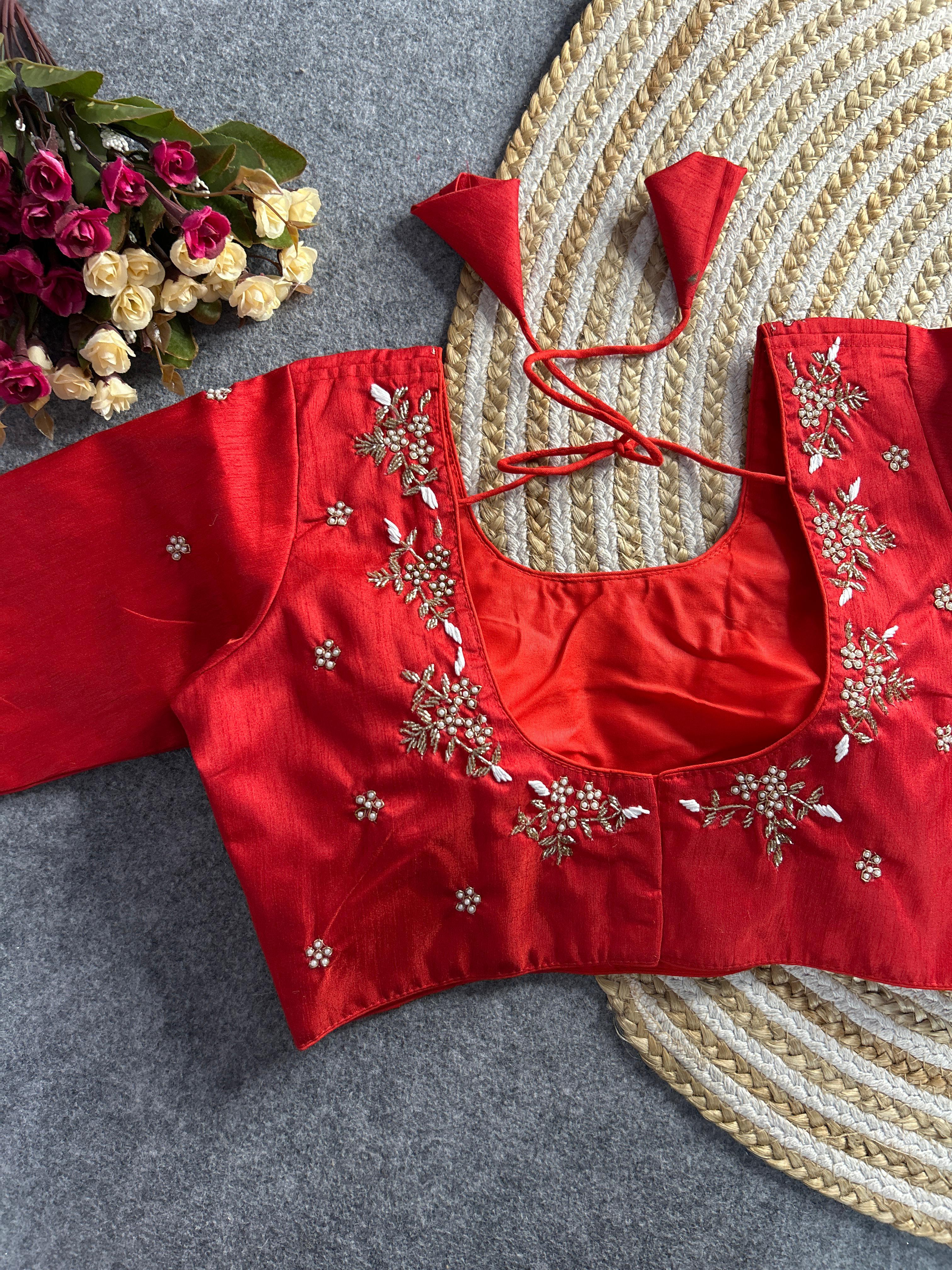 Red Floral Embroidery Banglori Silk Blouse