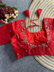 Red Floral Embroidery Banglori Silk Blouse