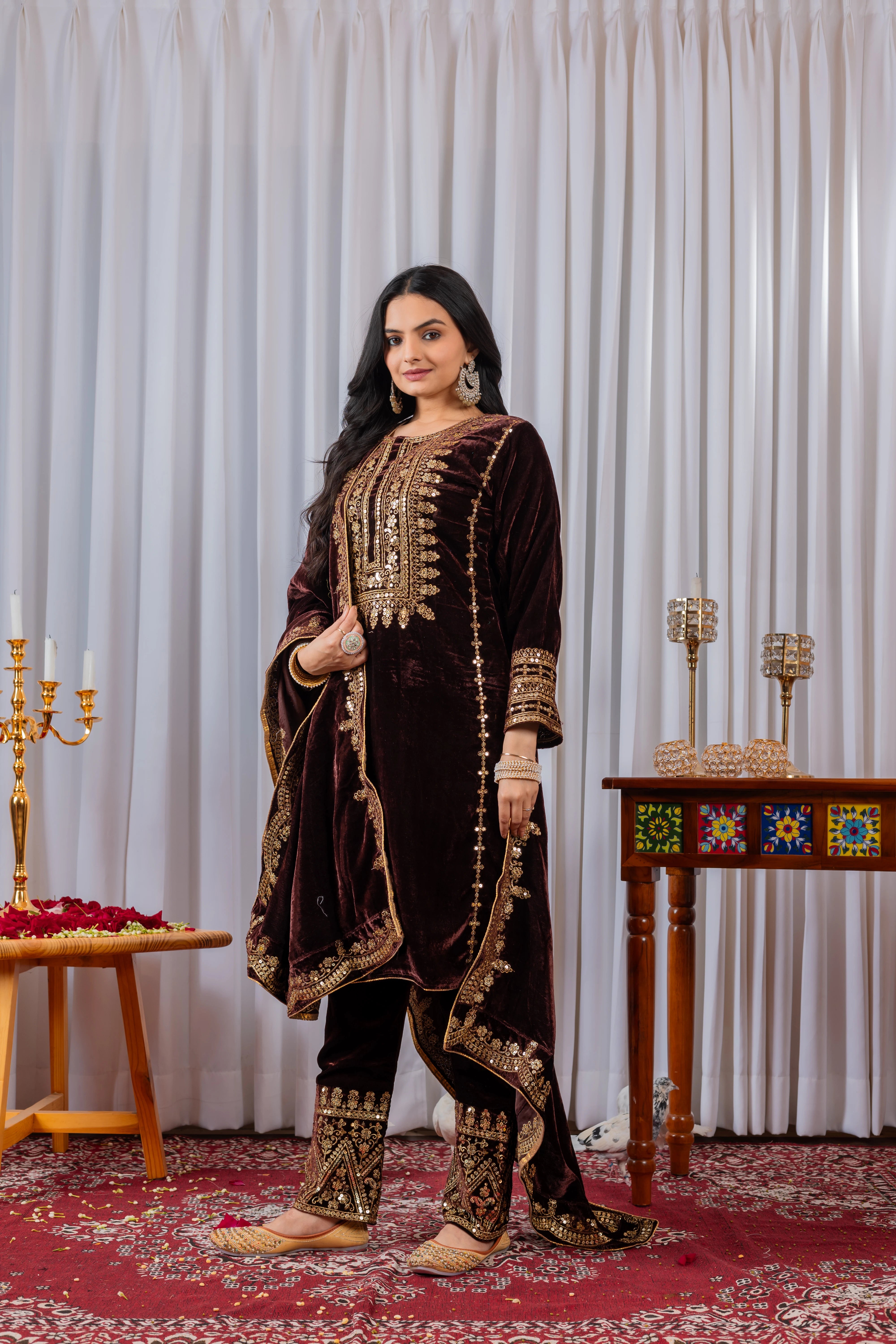 Brown Sequins Embroidery Viscose Velvet Suit