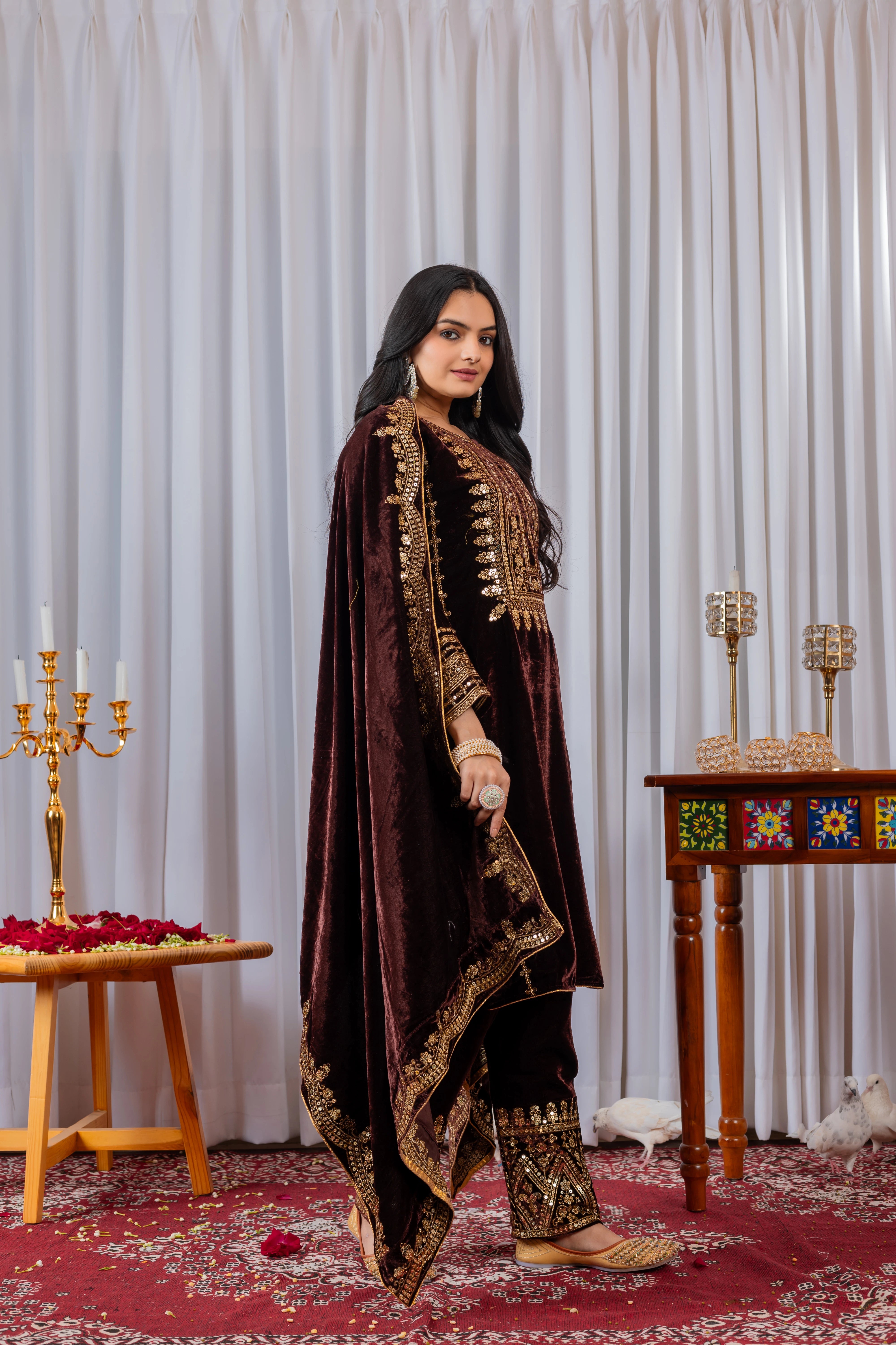 Brown Sequins Embroidery Viscose Velvet Suit