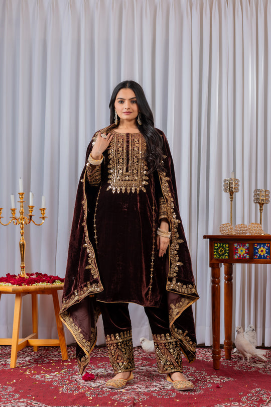 Brown Sequins Embroidery Viscose Velvet Suit