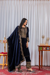 Navy Blue Sequins Embroidery Viscose Velvet Suit