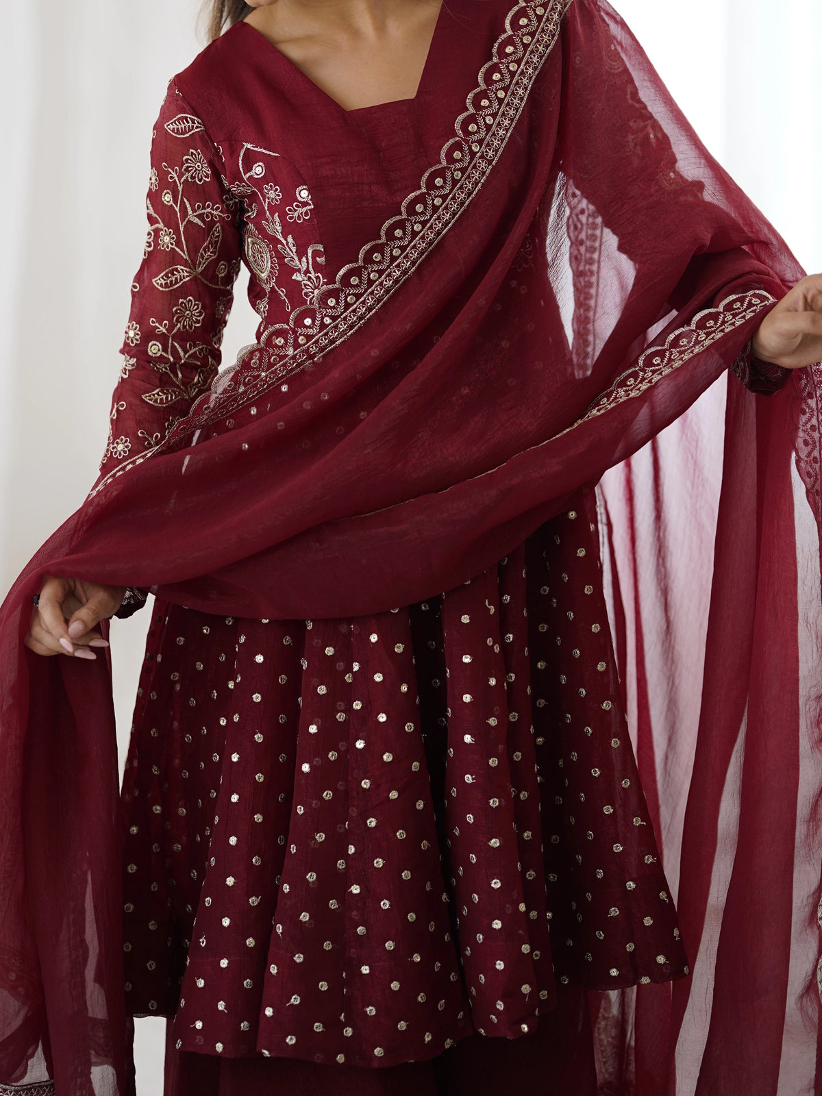 Maroon sequin embroidery crunchy silk suit – Kalyanja.