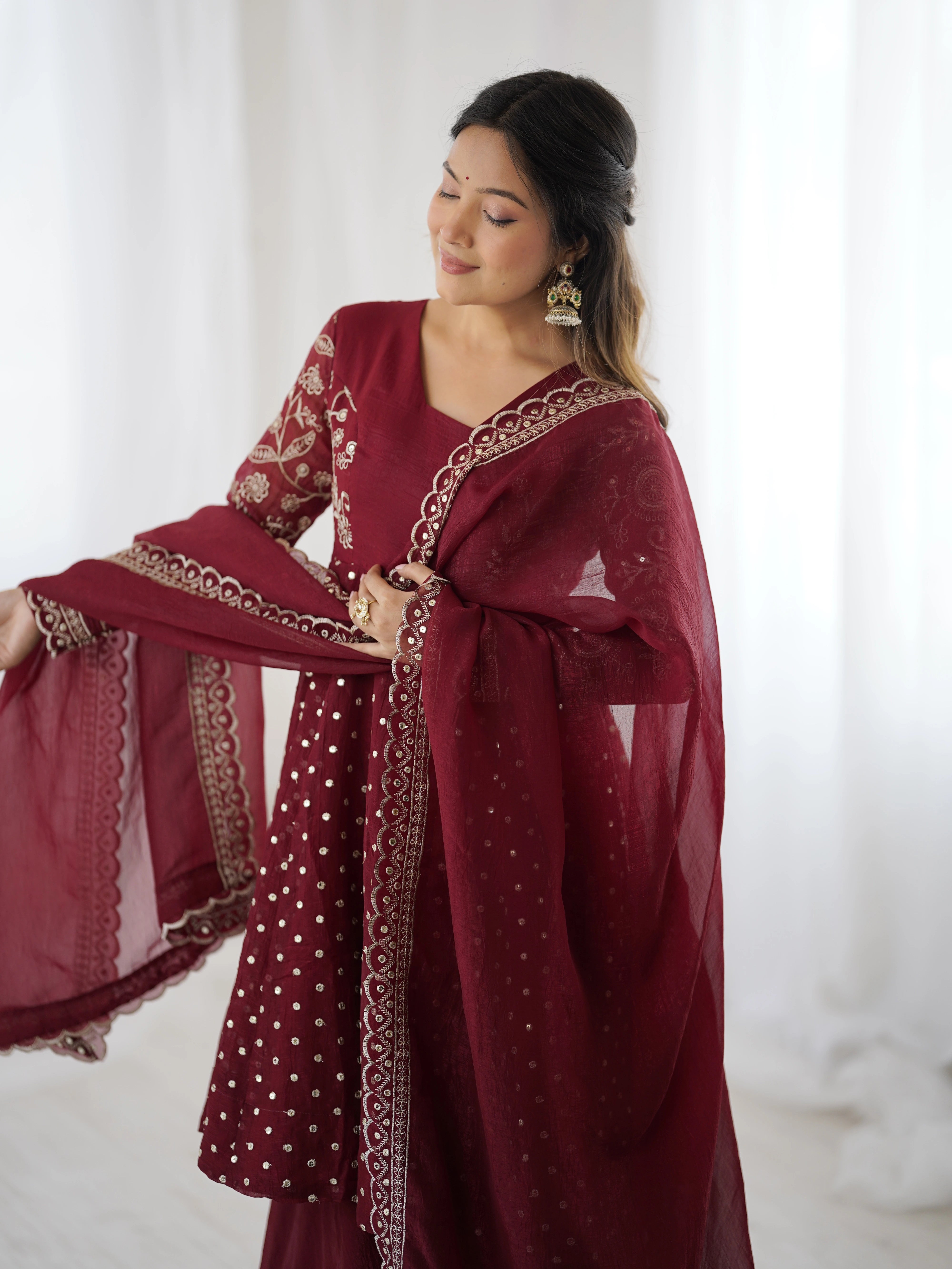 Maroon Embroidery Sequin Work Crunchy Silk Suit
