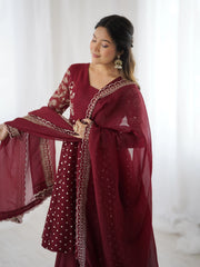 Maroon Embroidery Sequin Work Crunchy Silk Suit