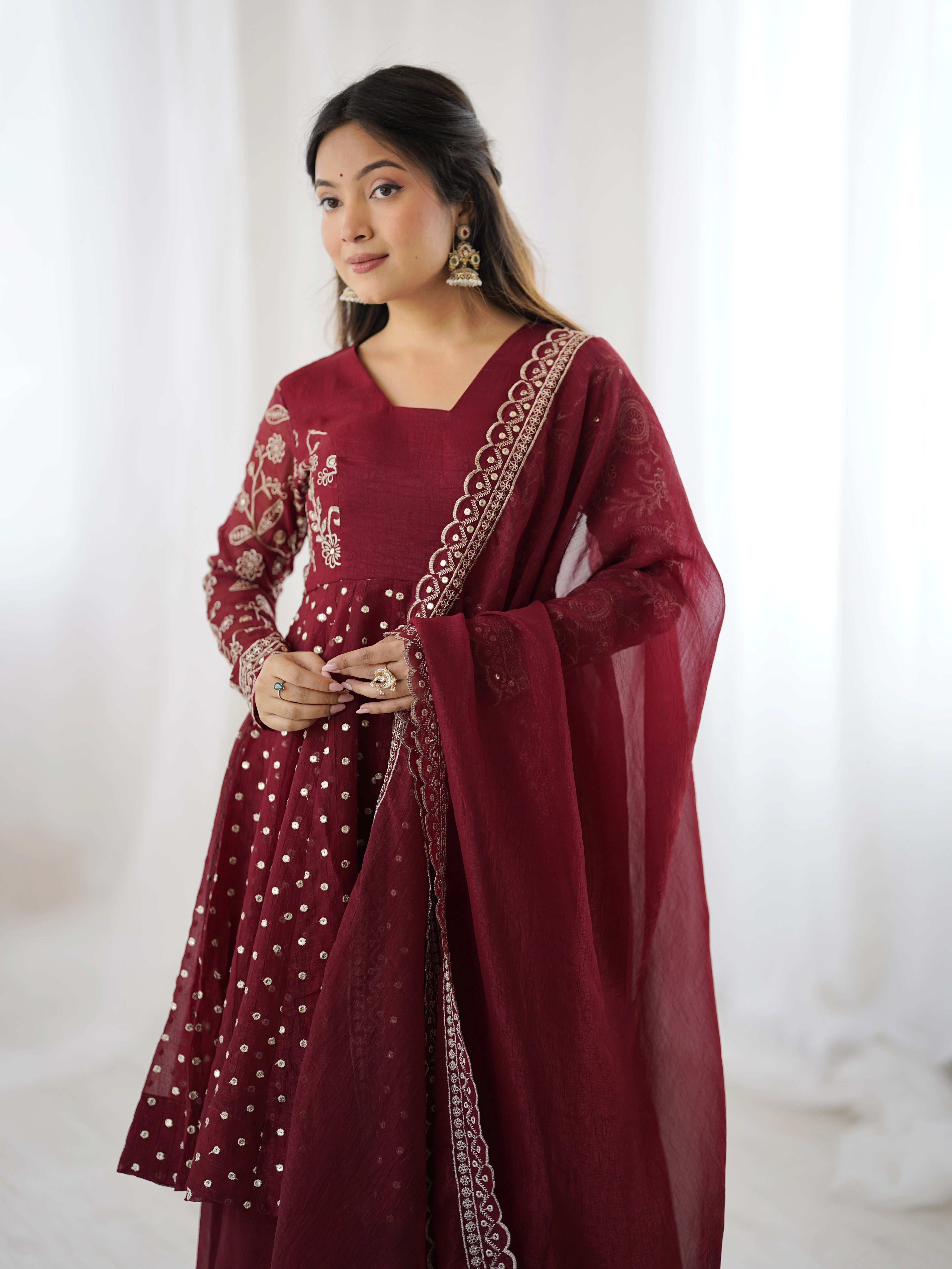 Maroon Embroidery Sequin Work Crunchy Silk Suit