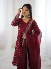 Maroon Embroidery Sequin Work Crunchy Silk Suit