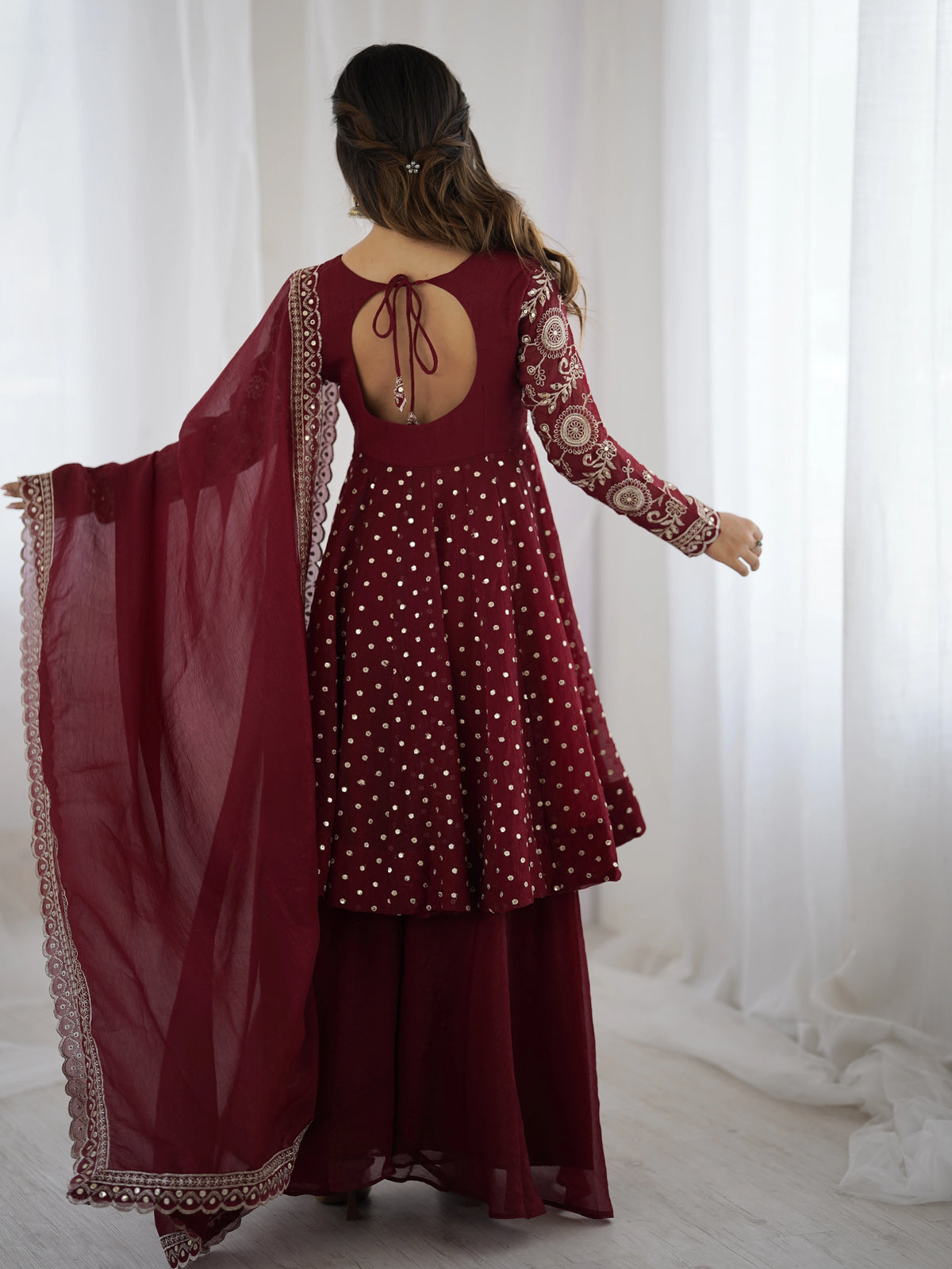 Maroon Embroidery Sequin Work Crunchy Silk Suit