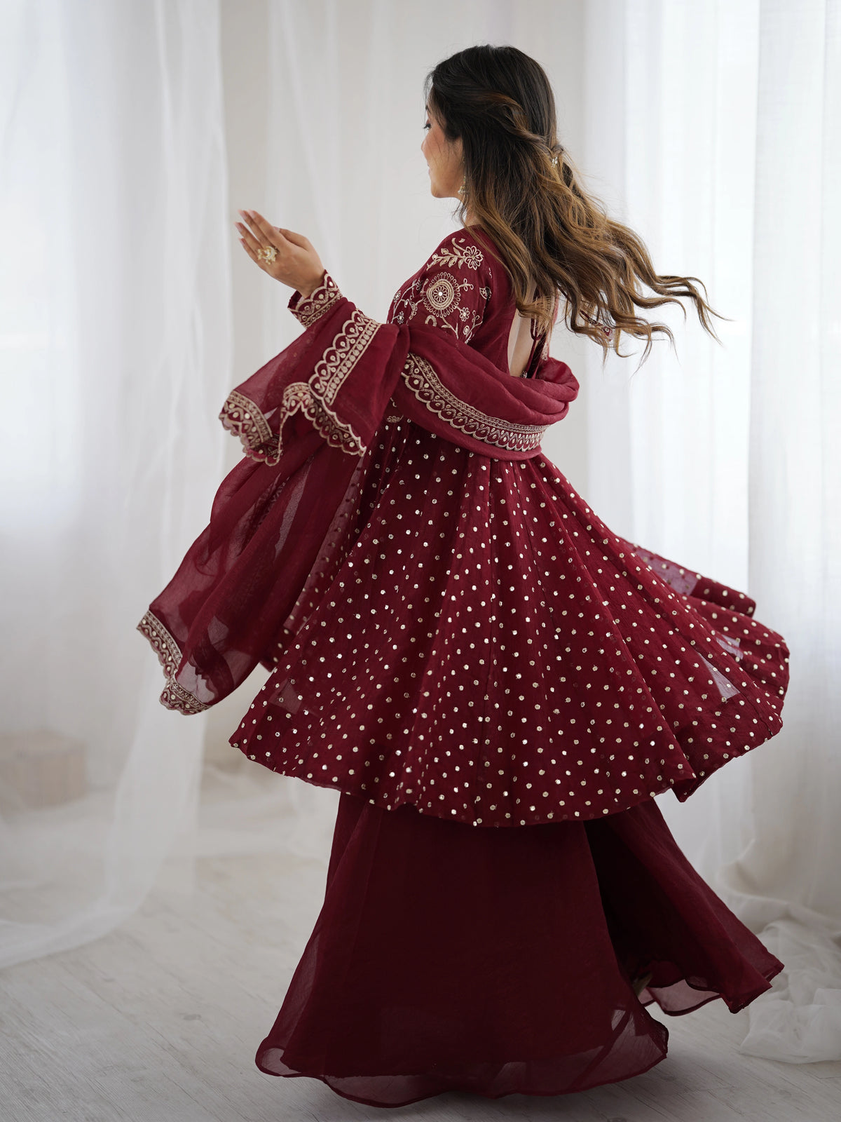 Maroon sequin embroidery crunchy silk suit – Kalyanja.