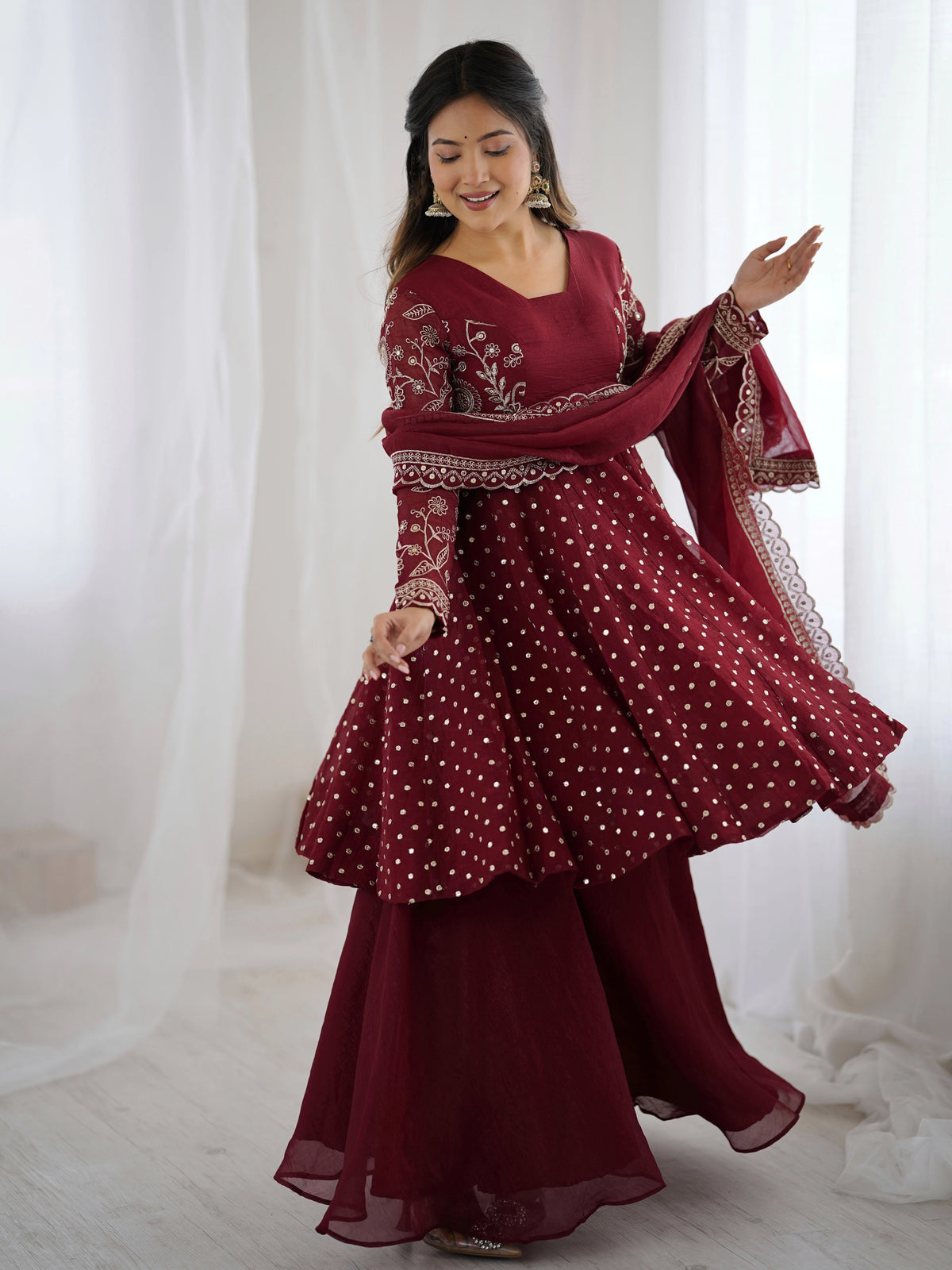 Maroon sequin embroidery crunchy silk suit – Kalyanja.