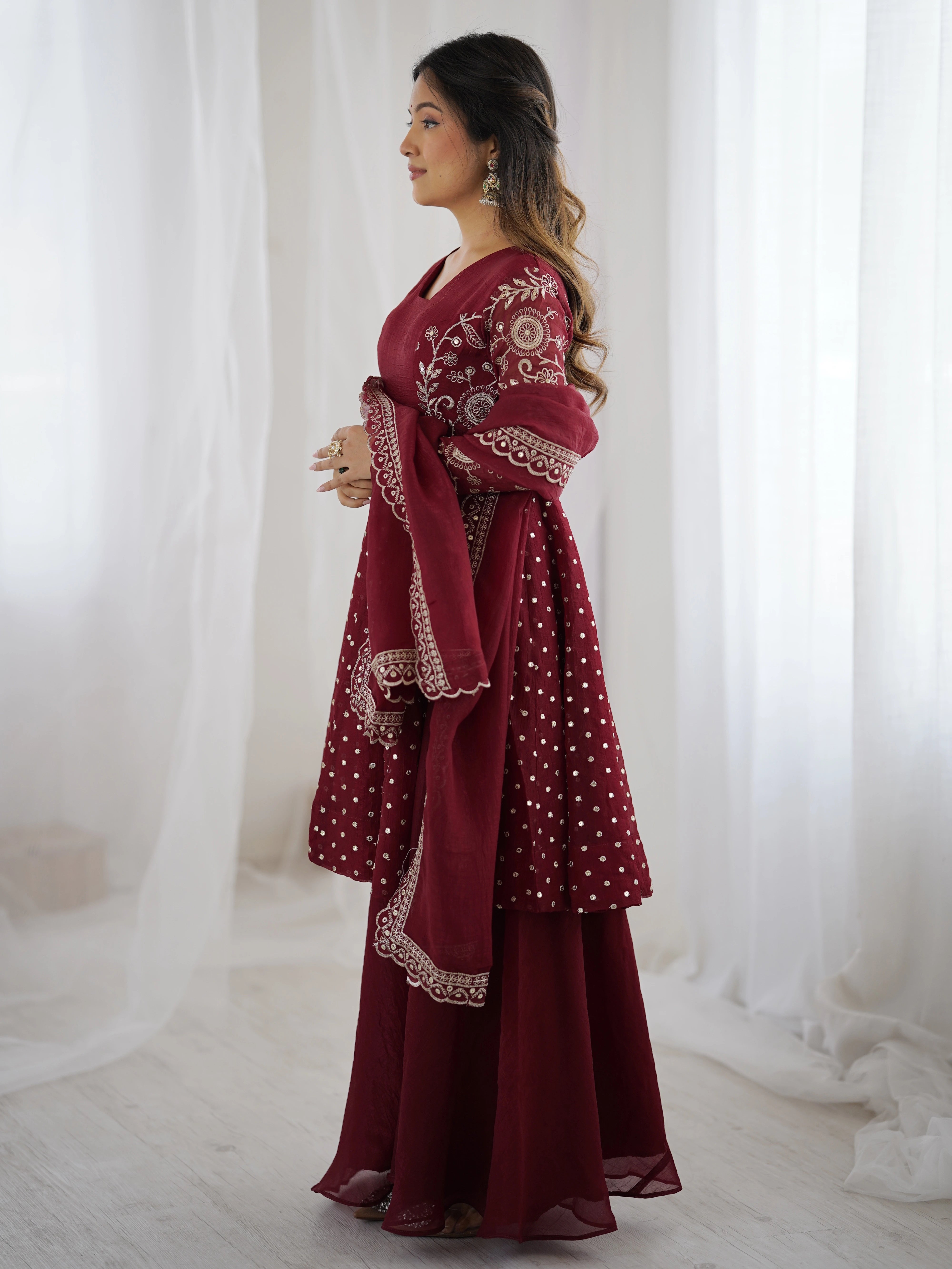 Maroon Embroidery Sequin Work Crunchy Silk Suit