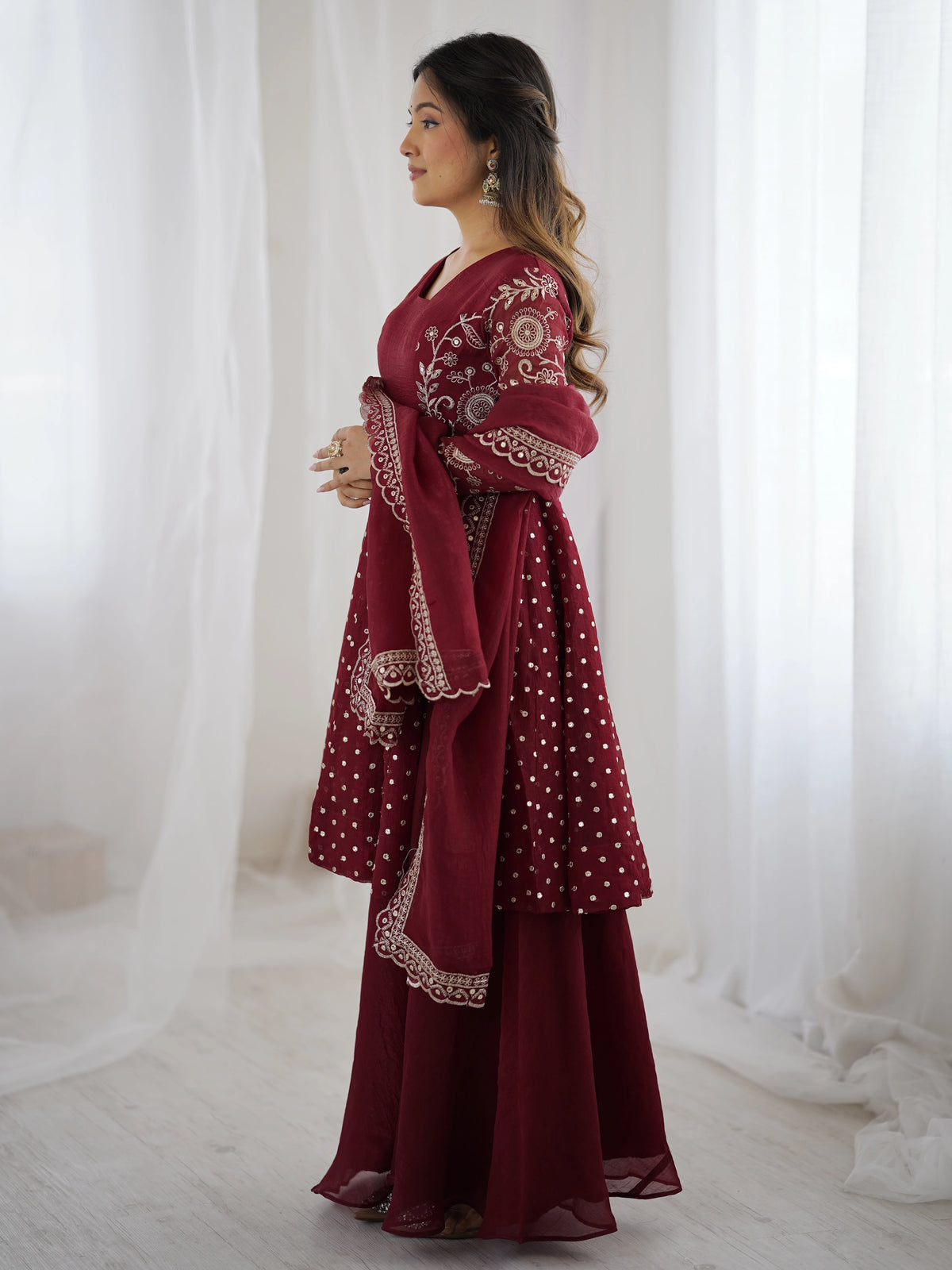 Maroon Embroidery Sequin Work Crunchy Silk Suit - kalyanja
