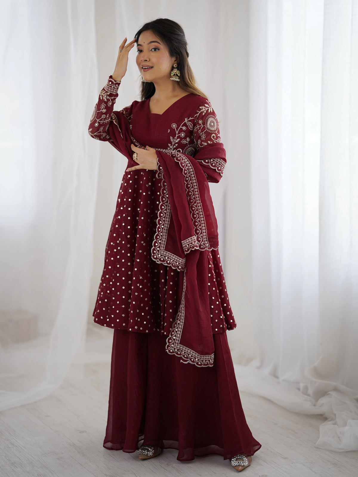 Maroon sequin embroidery crunchy silk suit – Kalyanja.
