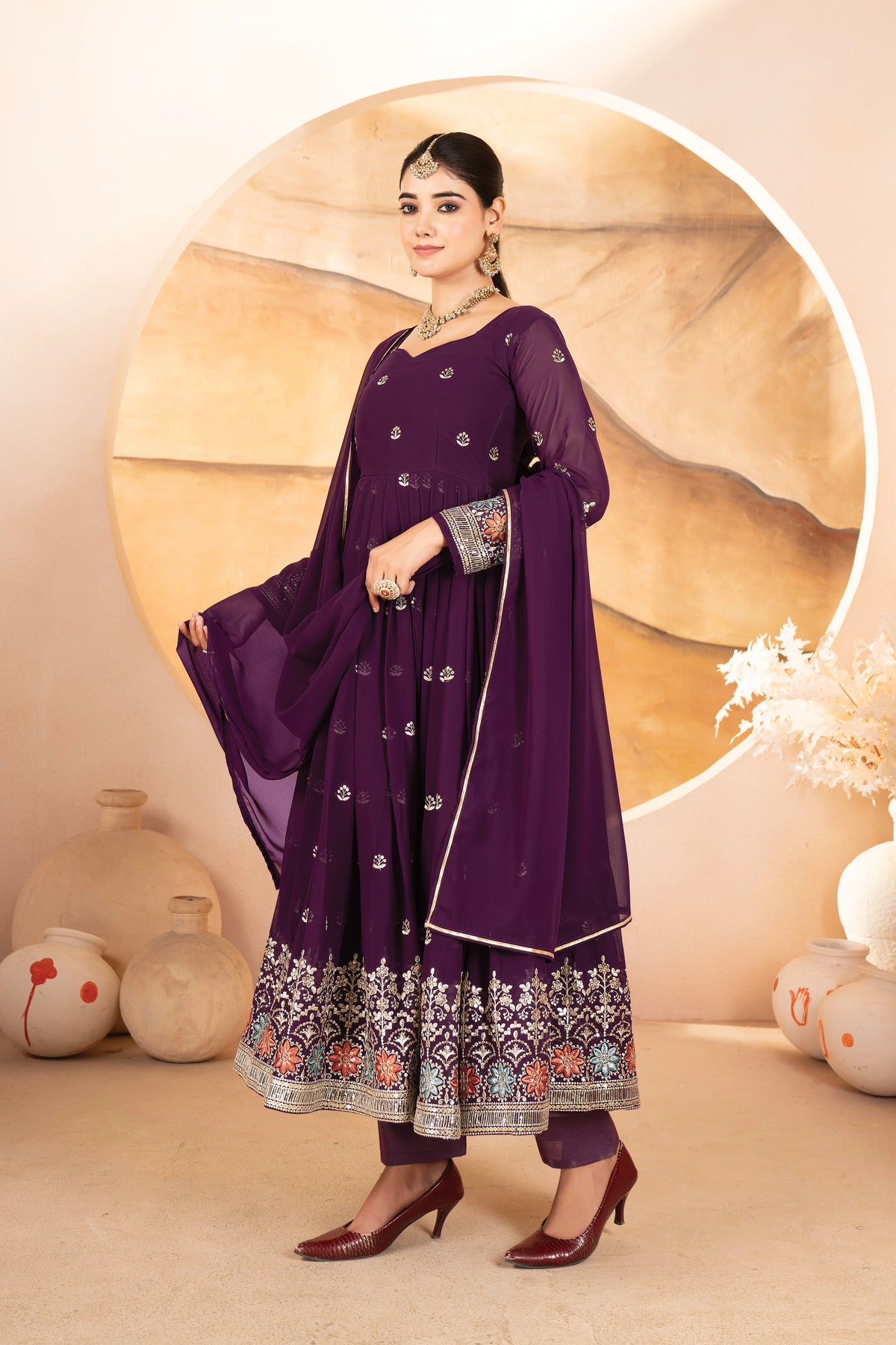 Wine Sequins Thread Embroidery Faux Blooming Suit